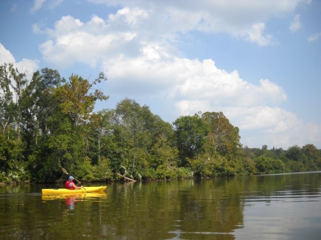 Man in yellow kayak paddles down river