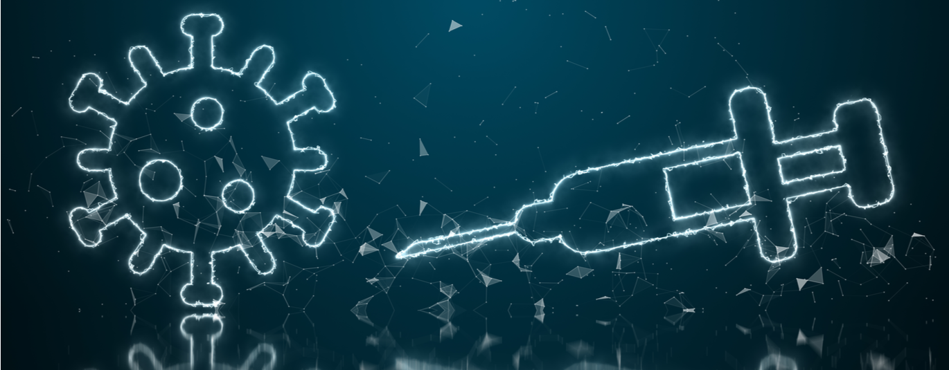 Graphic rendering of covid-19 molecule and syringe